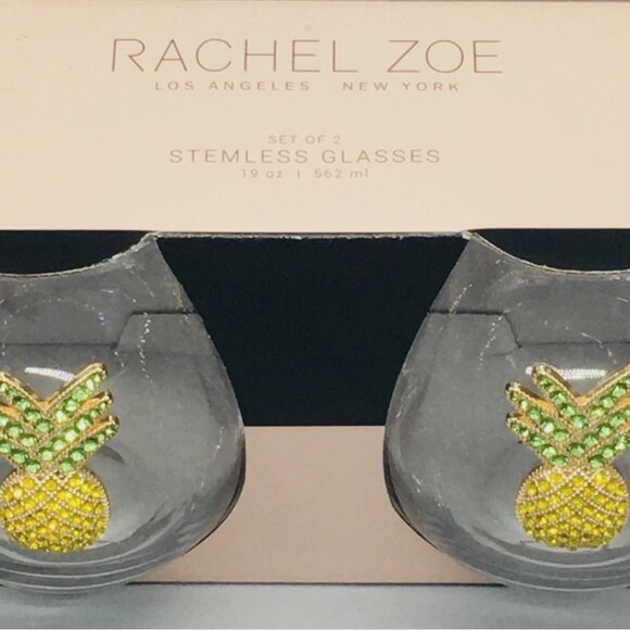x2 Rachel Zoe Rhinestone Pineapple Stemless Wine Glass Set Bling Tropical 19oz - Picture 5 of 5